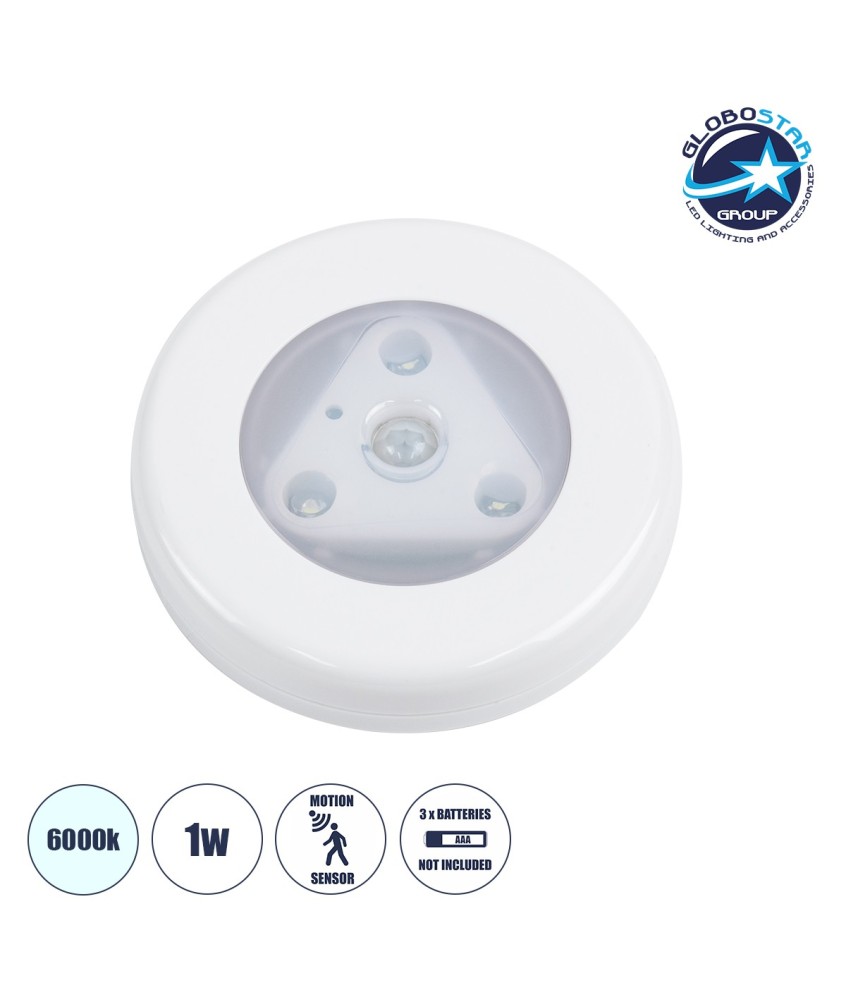 GloboStar® 79004 Φωτιστικό Νυκτός Μπαταρίας 3xAAA (Δεν Περιλαμβάνεται) LED SMD 5050 1W 80lm με Αισθητήρα Κίνησης και 3M Διπλής Όψης Αυτοκόλλητη Ταινία Αδιάβροχο IP44 Ψυχρό Λευκό 6000K D7.5 x H1.5cm